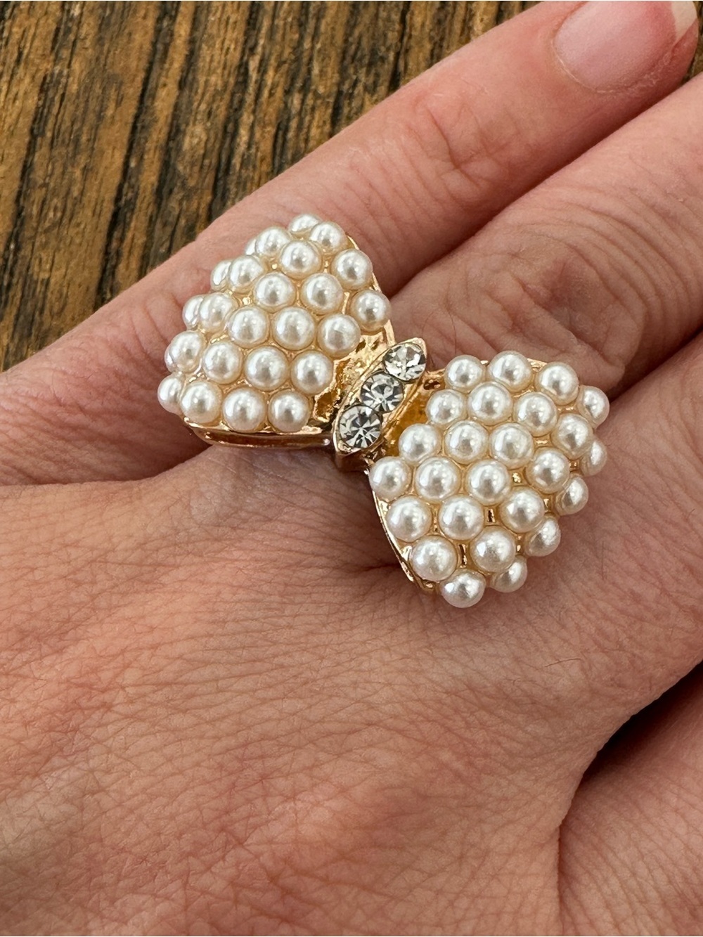 Gold Bow Ring with White Faux Pearls and Rhinestone Detail